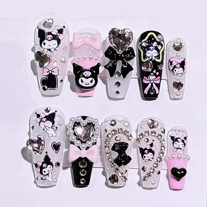 Handmade Kuromi Pearl Heart Bow Black Pink Cute Press On Nails Cute Kawaii Nails Anime Nails Y2K Nails