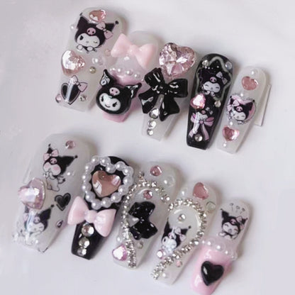 Handmade Kuromi Pearl Heart Bow Black Pink Cute Press On Nails Cute Kawaii Nails Anime Nails Y2K Nails