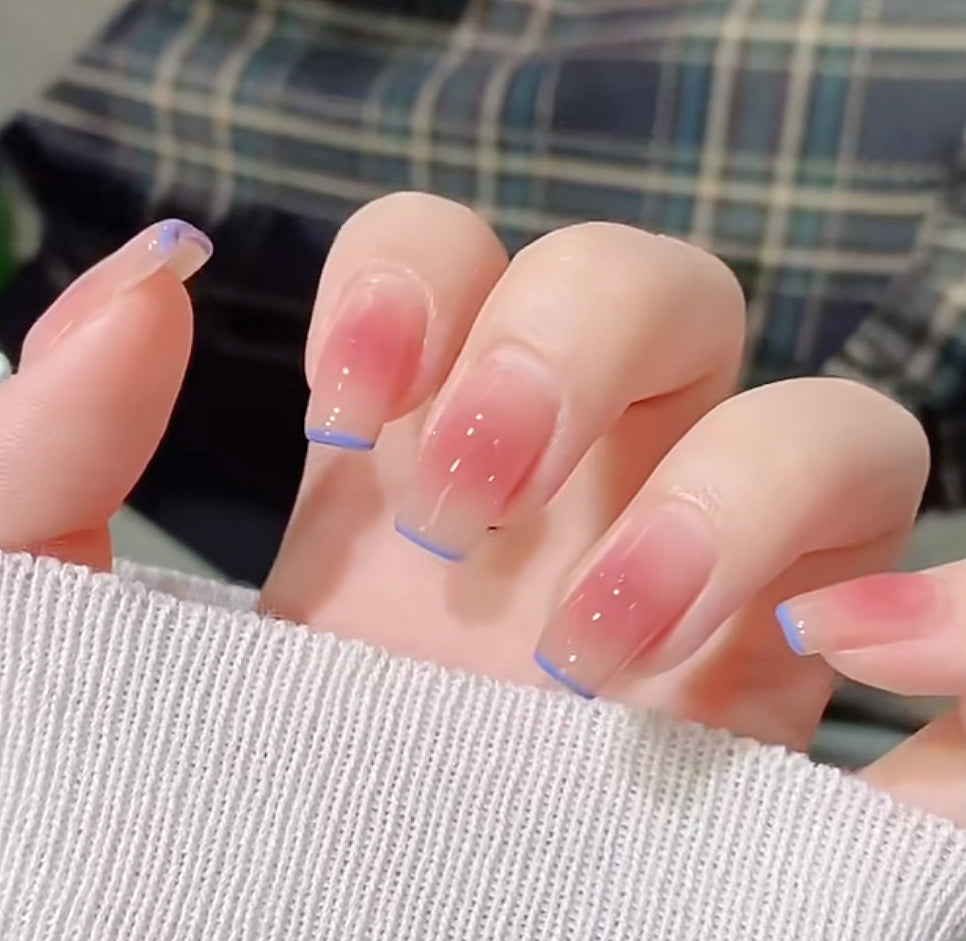 Handmade Blue Thin French Nude Pink Blush Ombre Press On Nails Ombre Nails French Nails Blush Nails Daily Nails