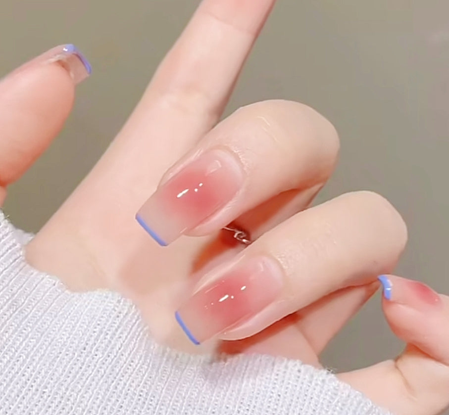 Handmade Blue Thin French Nude Pink Blush Ombre Press On Nails Ombre Nails French Nails Blush Nails Daily Nails
