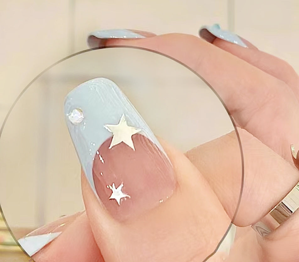Handmade Creamy Baby Blue French Sliver Star Cute Y2K Press On Nails Reusable Nails