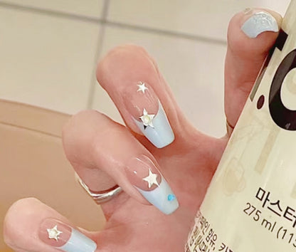 Handmade Creamy Baby Blue French Sliver Star Cute Y2K Press On Nails Reusable Nails