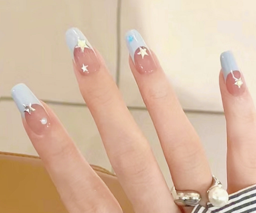 Handmade Creamy Baby Blue French Sliver Star Cute Y2K Press On Nails Reusable Nails