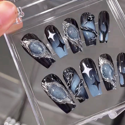 Handmade Black Blue Ombre 3D Black Snake Silver Metallic Aurora Blue Press On Nails Snake Nails Dark Nails Metallic Nails