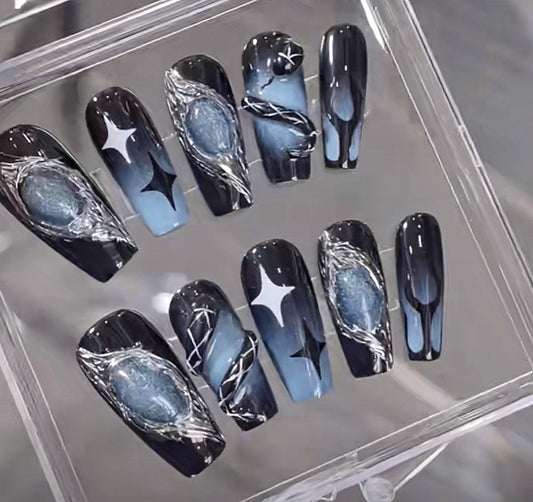 Handmade Black Blue Ombre 3D Black Snake Silver Metallic Aurora Blue Press On Nails Snake Nails Dark Nails Metallic Nails