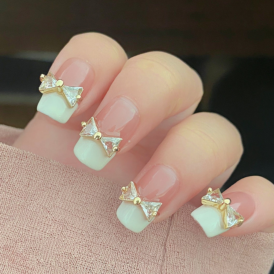 Handmade Golden Metal Gem Bow Light Creamy French Elegant Press On Nails Bow Nails Wedding Nails French Nails