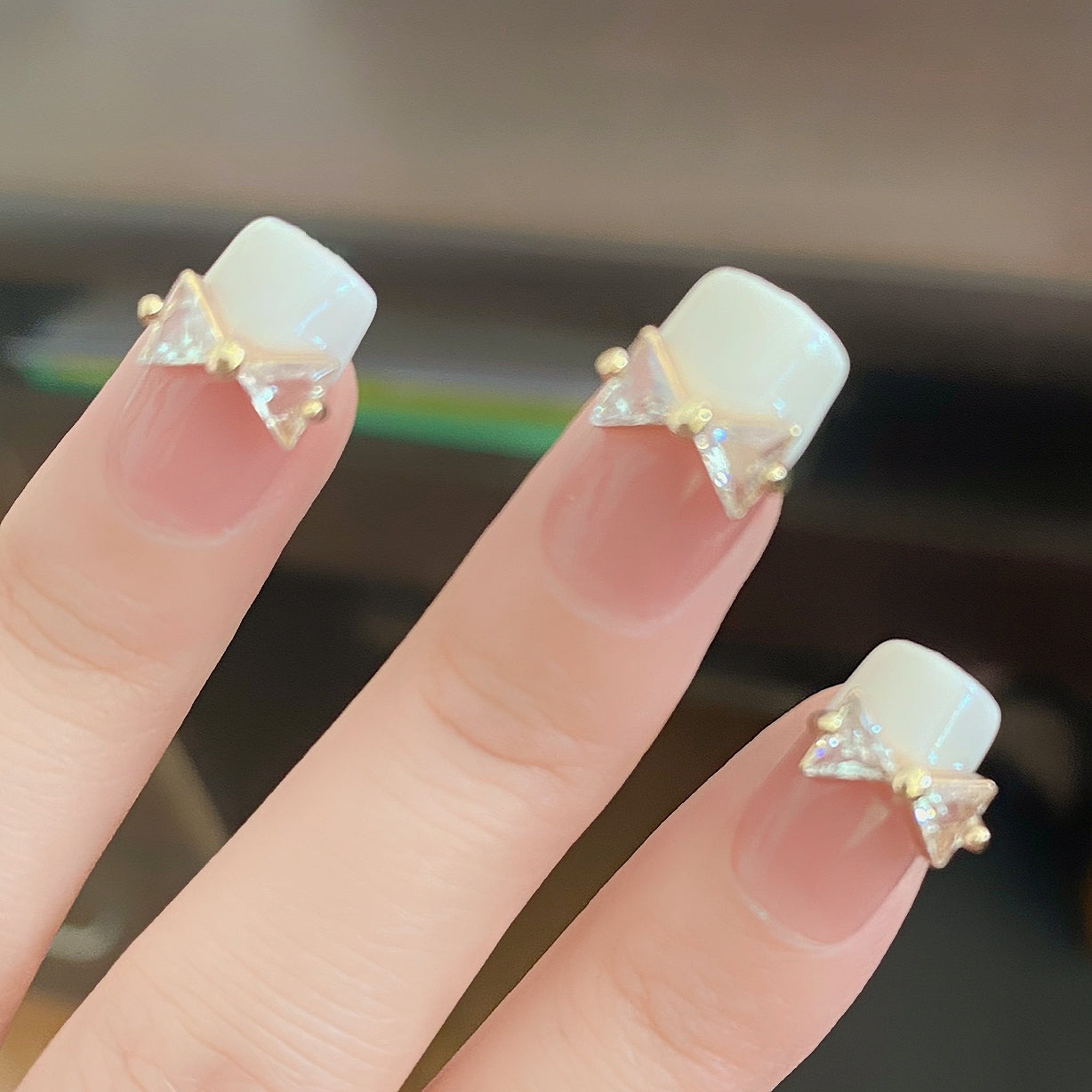 Handmade Golden Metal Gem Bow Light Creamy French Elegant Press On Nails Bow Nails Wedding Nails French Nails