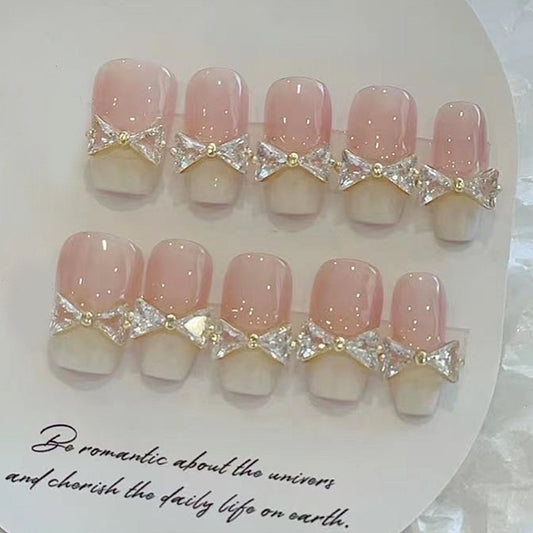 Handmade Golden Metal Gem Bow Light Creamy French Elegant Press On Nails Bow Nails Wedding Nails French Nails