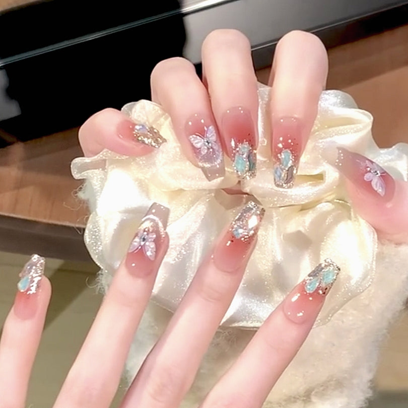 Handmade Aurora Champagne Gold Green Gem Nude Pink Blush Butterfly Crystal Cat Eye Press On Nails Butterfly Nails Luxury Nails Gem Nails
