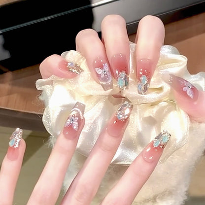 Handmade Aurora Champagne Gold Green Gem Nude Pink Blush Butterfly Crystal Cat Eye Press On Nails Butterfly Nails Luxury Nails Gem Nails