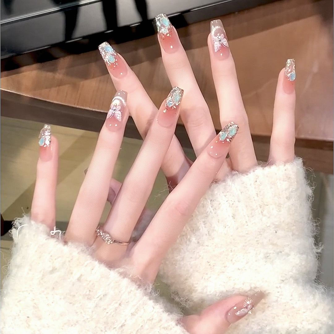 Handmade Aurora Champagne Gold Green Gem Nude Pink Blush Butterfly Crystal Cat Eye Press On Nails Butterfly Nails Luxury Nails Gem Nails