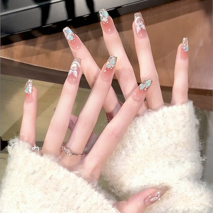 Handmade Aurora Champagne Gold Green Gem Nude Pink Blush Butterfly Crystal Cat Eye Press On Nails Butterfly Nails Luxury Nails Gem Nails