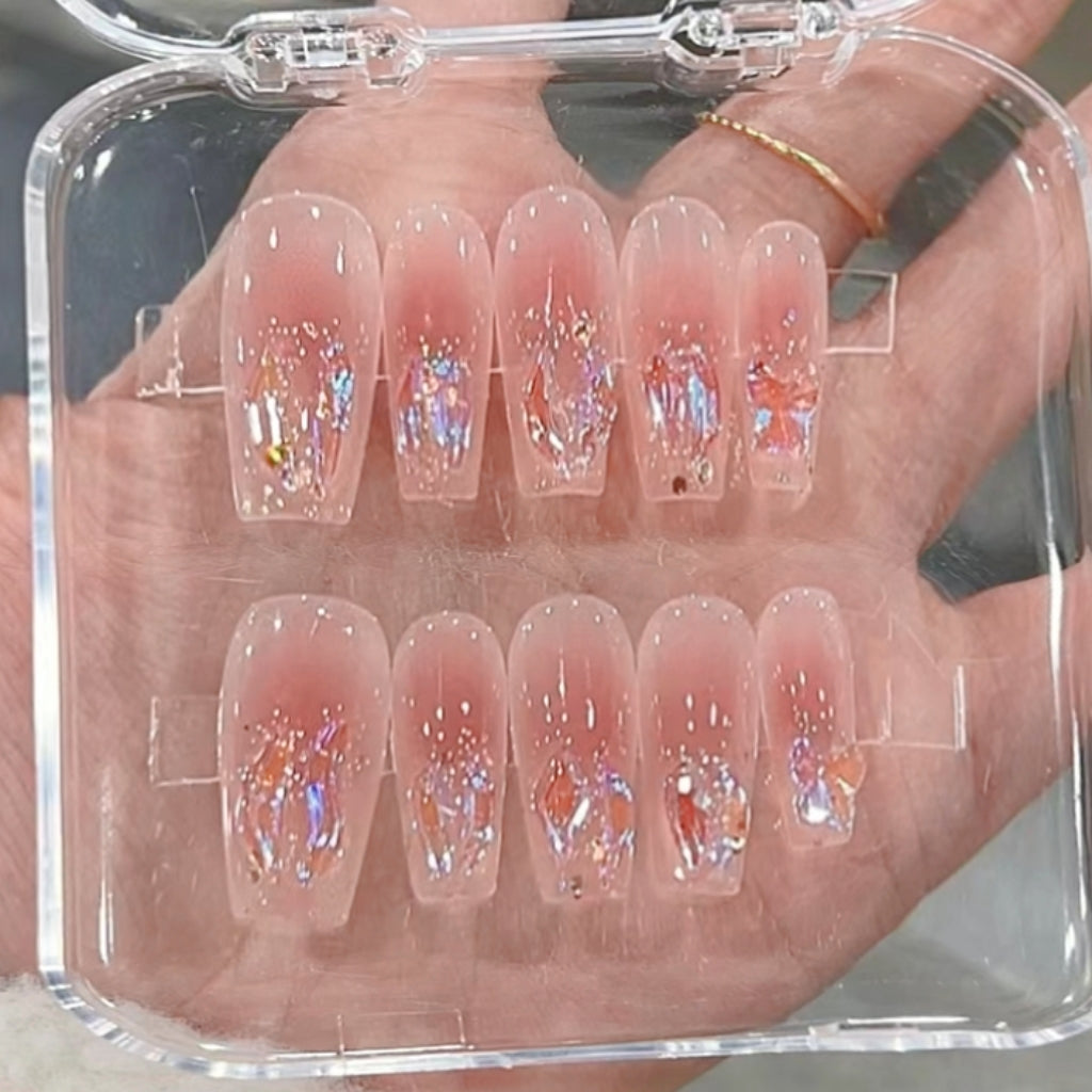 Handmade Luxury Aurora Gem Pink Nude Blush Glitter Press On Nails Glitter Nails Blush Nails Luxury Nails Gem Nails