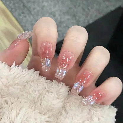 Handmade Luxury Aurora Gem Pink Nude Blush Glitter Press On Nails Glitter Nails Blush Nails Luxury Nails Gem Nails
