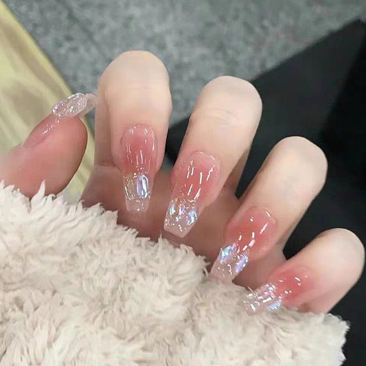 Handmade Luxury Aurora Gem Pink Nude Blush Glitter Press On Nails Glitter Nails Blush Nails Luxury Nails Gem Nails