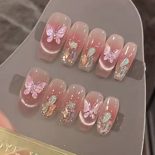 Handmade Aurora Champagne Gold Green Gem Nude Pink Blush Butterfly Crystal Cat Eye Press On Nails Butterfly Nails Luxury Nails Gem Nails
