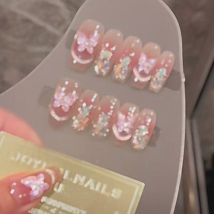 Handmade Aurora Champagne Gold Green Gem Nude Pink Blush Butterfly Crystal Cat Eye Press On Nails Butterfly Nails Luxury Nails Gem Nails