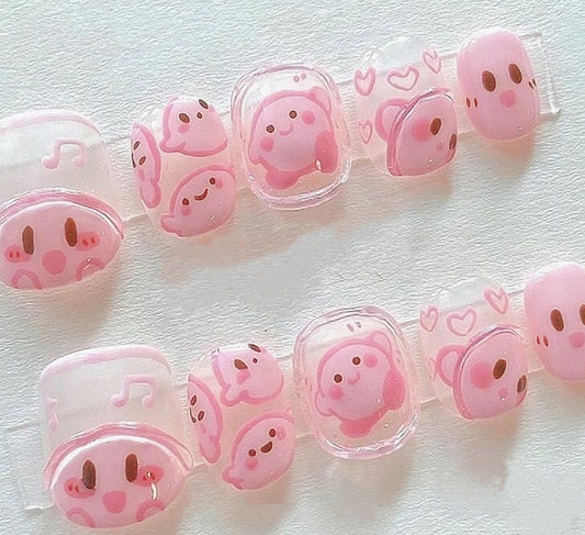 Handmade Painting Kirby Light Pink Anime Game Character Cute Press On Nails