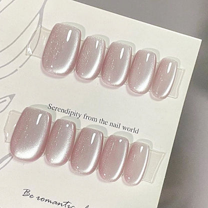 Handmade Nude Dusty Pink Crystal Glass Bead Extremely Bright Cat Eye Press On Nails Cat Eye Nails Moonlight Nails