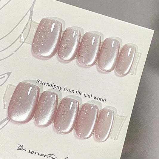 Handmade Nude Dusty Pink Crystal Glass Bead Extremely Bright Cat Eye Press On Nails Cat Eye Nails Moonlight Nails