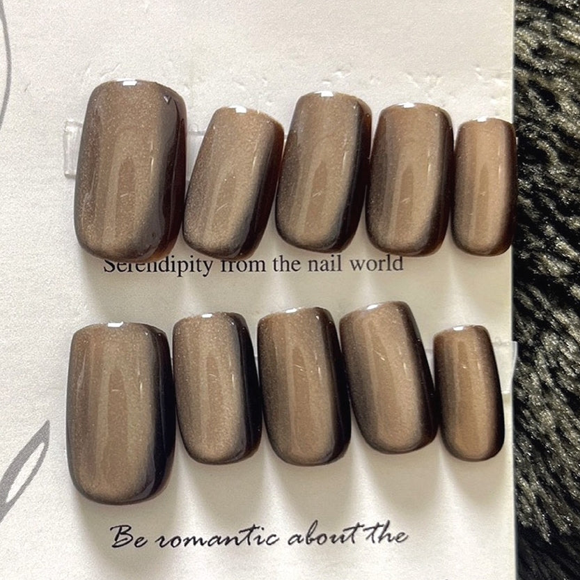 Handmade Dark Brown Glass Bead Cat Eye Press On Nails Cat Eye Nails Moonlight Nails Crystal Nails Glass Bead Nails Aurora Nails