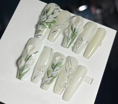 Handmade Painting Carving 3D White Bell Orchid Flower Press On Nails Bell Orchid Nails Painting Nails Spring Nails Flower Nails