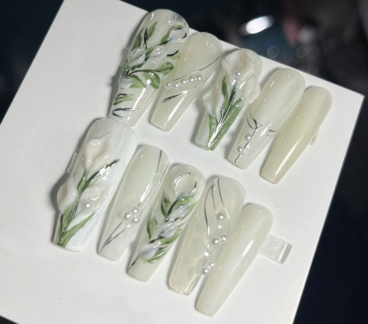 Handmade Painting Carving 3D White Bell Orchid Flower Press On Nails Bell Orchid Nails Painting Nails Spring Nails Flower Nails