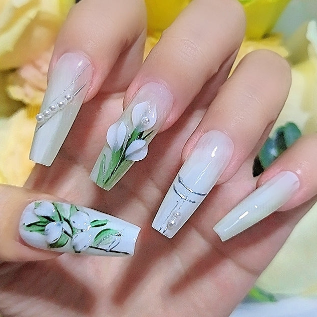 Handmade Painting Carving 3D White Bell Orchid Flower Press On Nails Bell Orchid Nails Painting Nails Spring Nails Flower Nails
