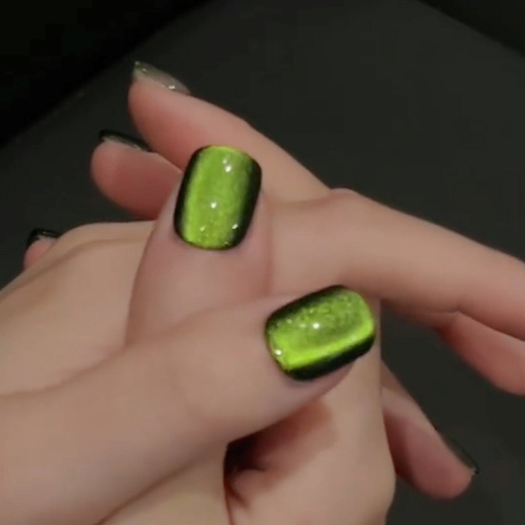 Handmade Starry Firefly Black Yellow Green Glass Bead Cat Eye Press On Nails