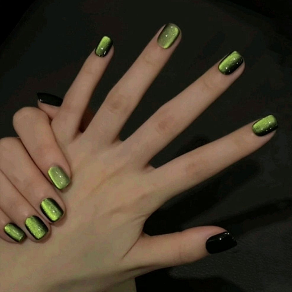 Handmade Starry Firefly Black Yellow Green Glass Bead Cat Eye Press On Nails