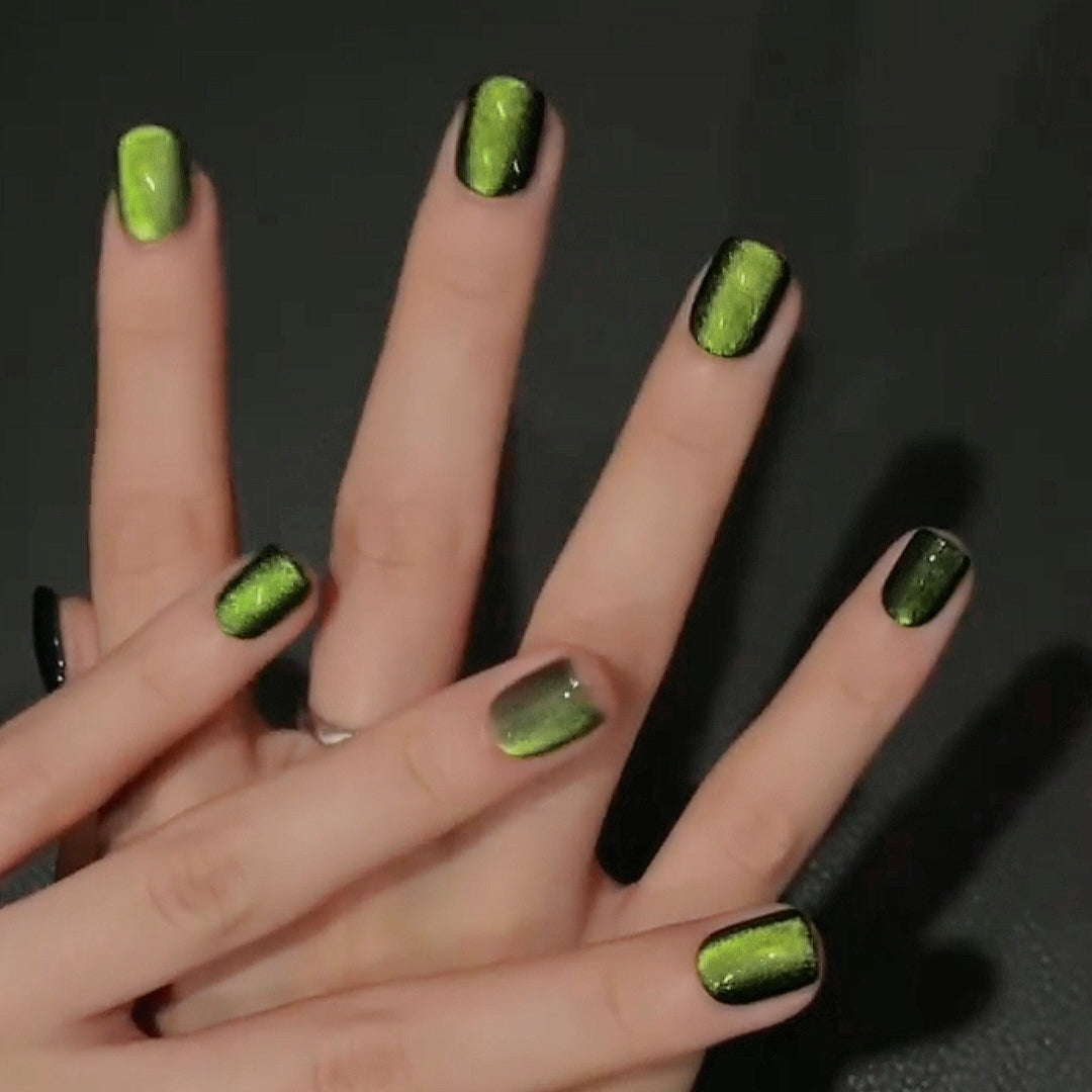 Handmade Starry Firefly Black Yellow Green Glass Bead Cat Eye Press On Nails