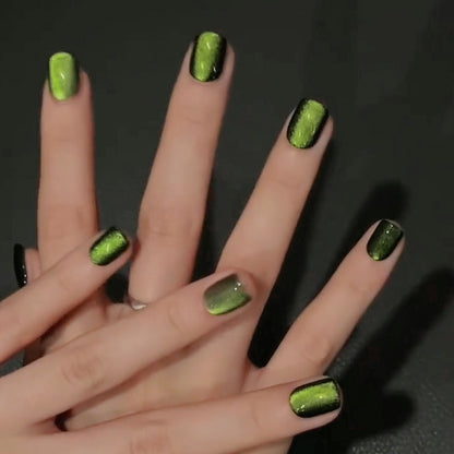 Handmade Starry Firefly Black Yellow Green Cat Eye Press On Nails