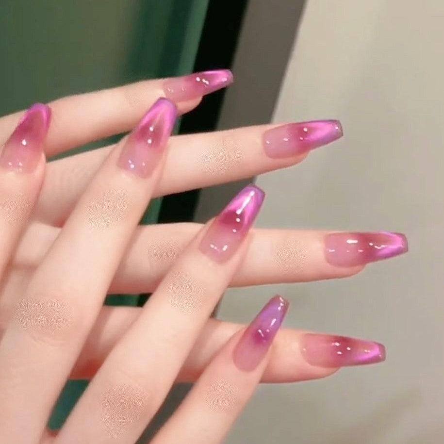 Handmade Galaxy Rose Pink French Cat Eye Blush Press On Nails Glitter Nails Ombre Nails Dopamine Nails Cat Eye Nails Aurora Nails
