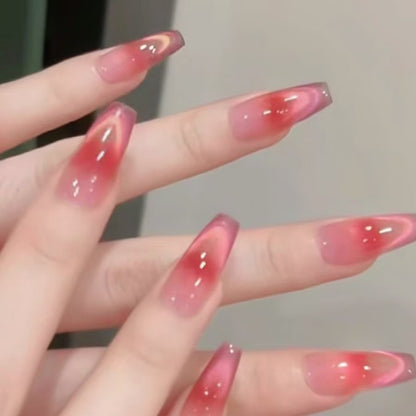 Handmade Cherry Deep Red Blush Ombre Pink Cat Eye Aurora Press On Nails Cat Eye Nails Blush Nails New Year nails