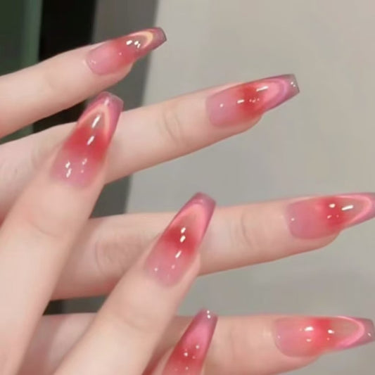 Handmade Cherry Deep Red Blush Ombre Pink Cat Eye Aurora Press On Nails Cat Eye Nails Blush Nails New Year nails