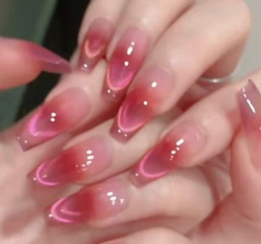 Handmade Cherry Deep Red Blush Ombre Pink Cat Eye Aurora Press On Nails Cat Eye Nails Blush Nails New Year nails