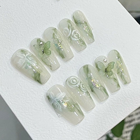 Handmade Dark Green Ombre White Green 3D Butterfly Press On Nails Elegant Marble Forest Bride Wedding Spring Summer