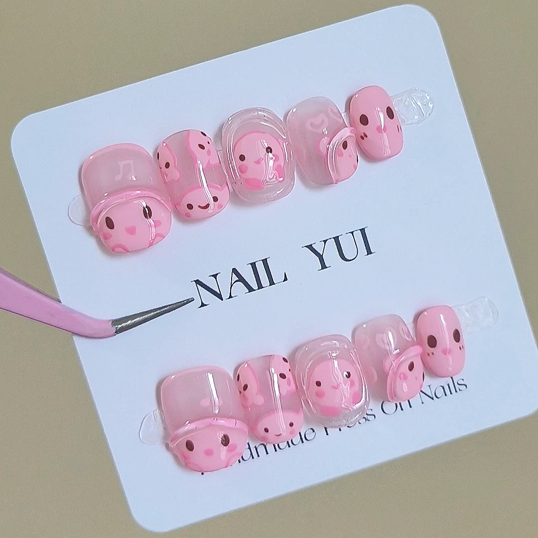 Handmade Painting Kirby Light Pink Anime Game Character Cute Press On Nails