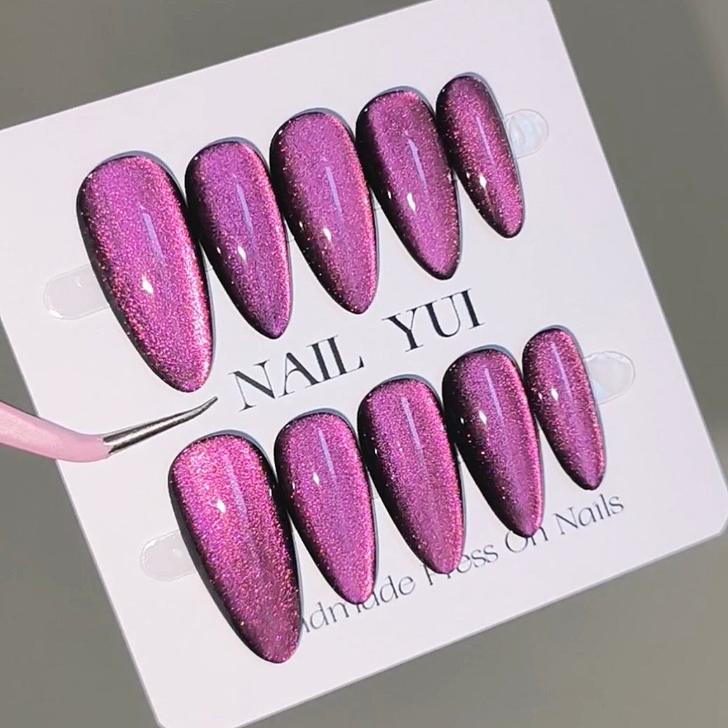 Handmade Black Base Pink Glass Bead Cat Eye Press On Nails Glitter Nails Dark Nails Glass Bead Nails Cat Eye Nails