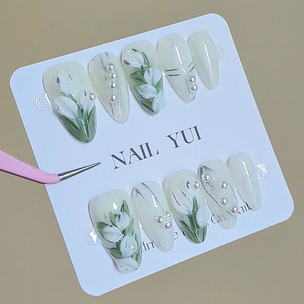 Handmade Painting Carving 3D White Bell Orchid Flower Press On Nails Bell Orchid Nails Painting Nails Spring Nails Flower Nails