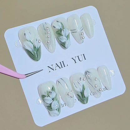 Handmade Painting Carving 3D White Bell Orchid Flower Press On Nails Bell Orchid Nails Painting Nails Spring Nails Flower Nails