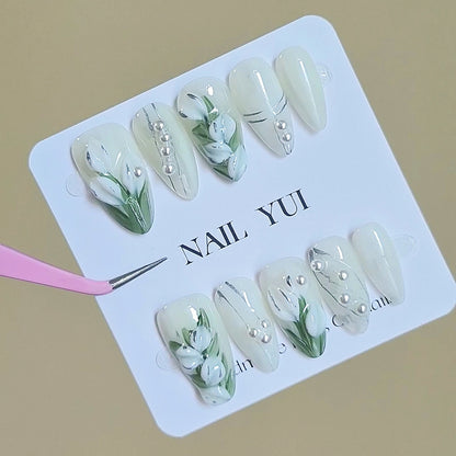 Handmade Painting Carving 3D White Bell Orchid Flower Press On Nails Bell Orchid Nails Painting Nails Spring Nails Flower Nails