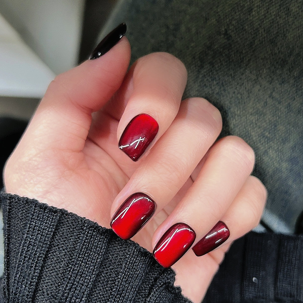 Handmade Dark Red Glass Bead Cat Eye Press On Nails Cat Eye Nails Red Nails New Year nails Glass Bead Nails Wide Cat Eye Nails
