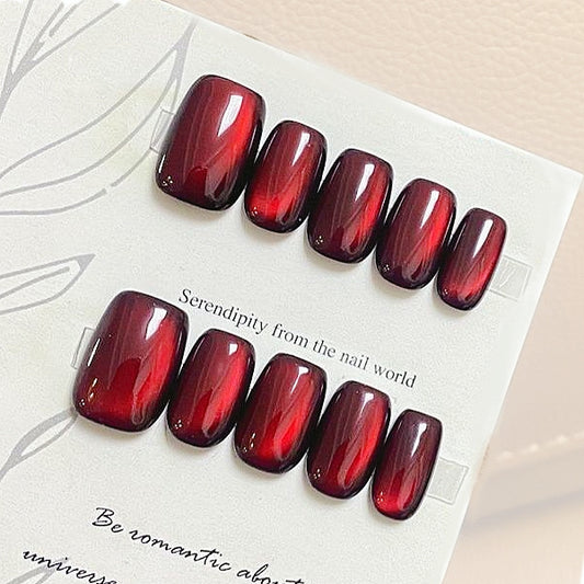 Handmade Dark Red Glass Bead Cat Eye Press On Nails Cat Eye Nails Red Nails New Year nails Glass Bead Nails Wide Cat Eye Nails
