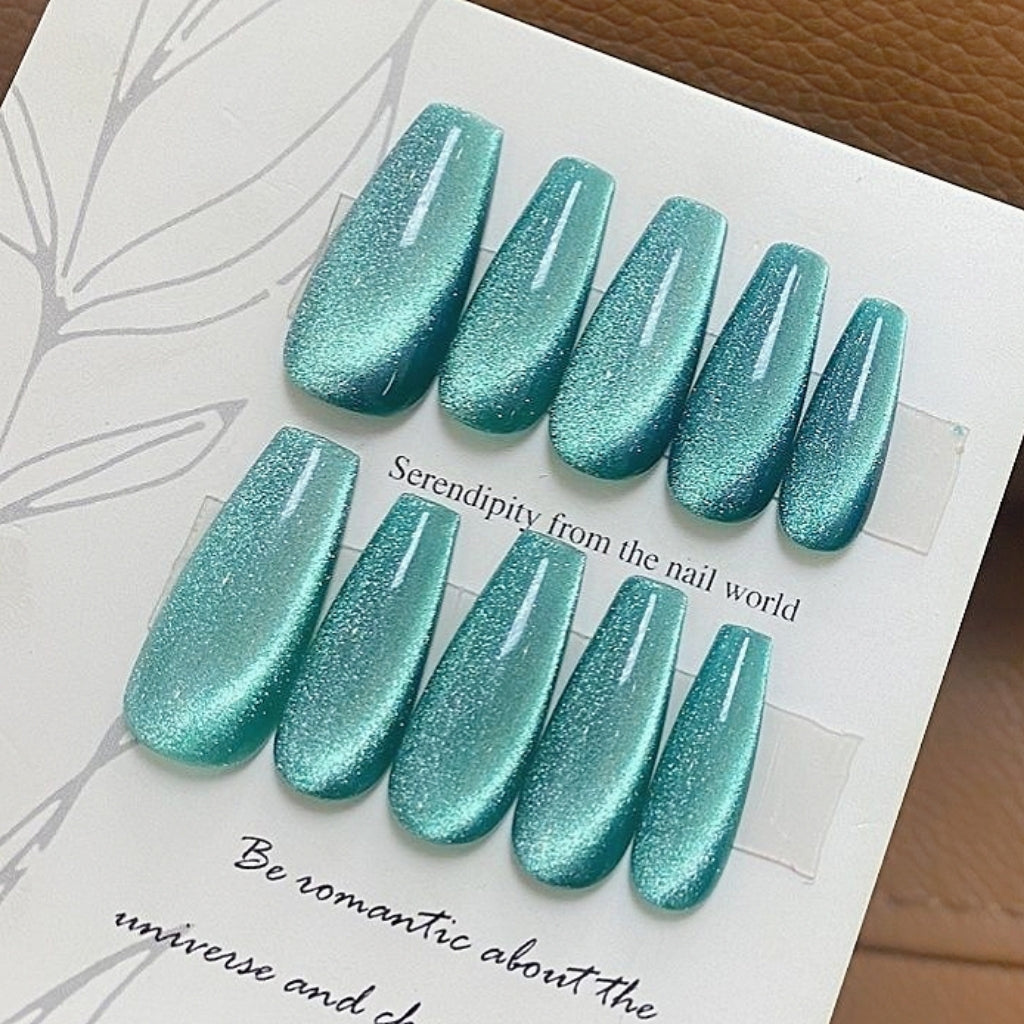 Handmade Melbourne Green-Blue Cyan Mint Blue Glass Bead Cat Eye Press On Nails Aurora Nails