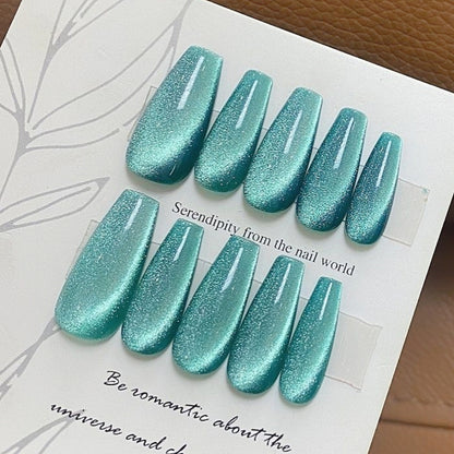 Melbourne Green-Blue Cyan Mint Blue Cat Eye Press On Nails