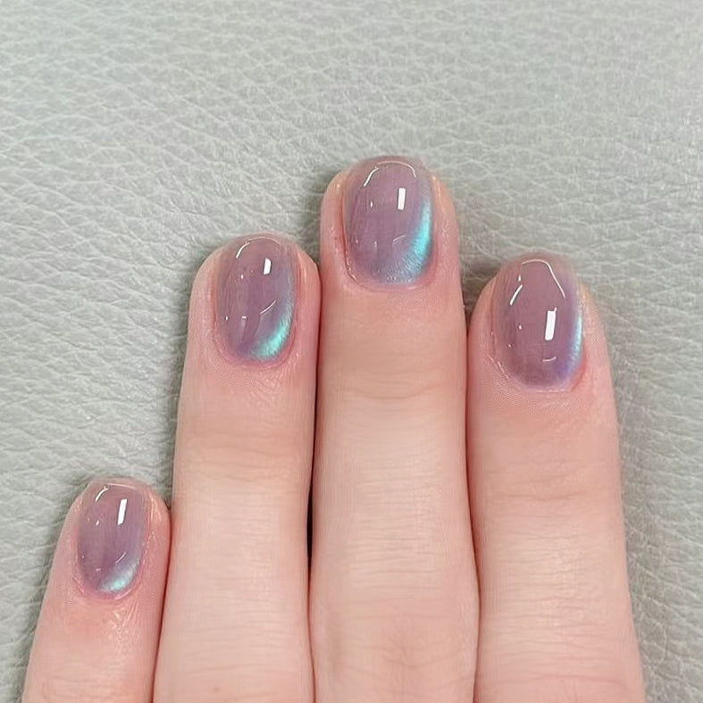 Handmade Clear Dark Purple Mint Blue Glitter Cat Eye Press On Nails Blue Aurora Tears Summer Vacation Seaside Beach Reusable Nails
