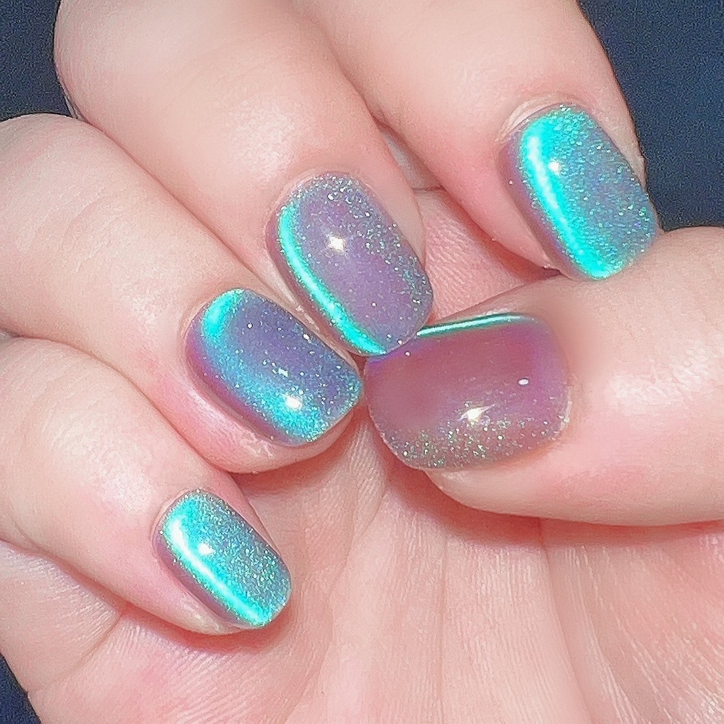 Handmade Clear Dark Purple Mint Blue Glitter Cat Eye Press On Nails Blue Aurora Tears Summer Vacation Seaside Beach Reusable Nails