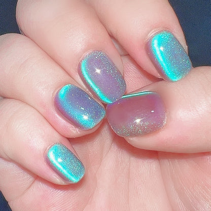 Handmade Clear Dark Purple Mint Blue Glitter Cat Eye Press On Nails Blue Aurora Tears Summer Vacation Seaside Beach Reusable Nails