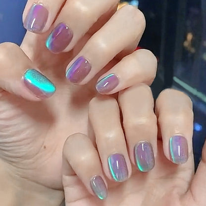 Handmade Clear Dark Purple Mint Blue Glitter Cat Eye Press On Nails Blue Aurora Tears Summer Vacation Seaside Beach Reusable Nails